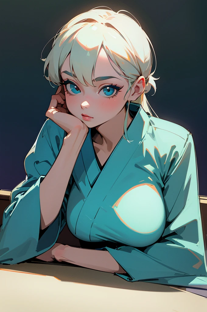In the style of Boris Vallejo. hyperrealism, simple line drawing, beauty teenage cyan-eyed woman with striking breast laying on the table top in bar, a cute pampushka in a navy kimono,