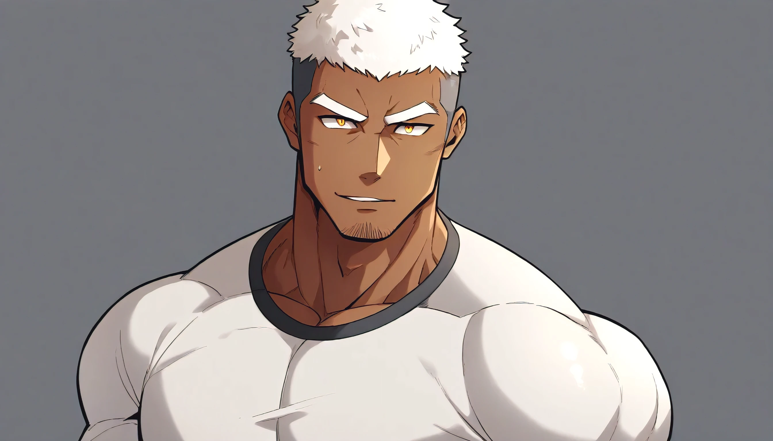 anime characters:Gyee, Fitness coach, negro black skin, 1 muscular tough guy, Manliness, male focus, Light grey tight T-shirt, Very tight, The pectoral muscles are oversized, Slightly transparent, muscular male, muscular, only, Upper body, alone, White short hair, Thick eyebrows, stubble, Yellow eyes, Drak Grey background, simple background, amazing quality, best aesthetics, Ridiculous, bright pupils, crew cut, parted lips, seductive smile, torogao, naughty face, best quality