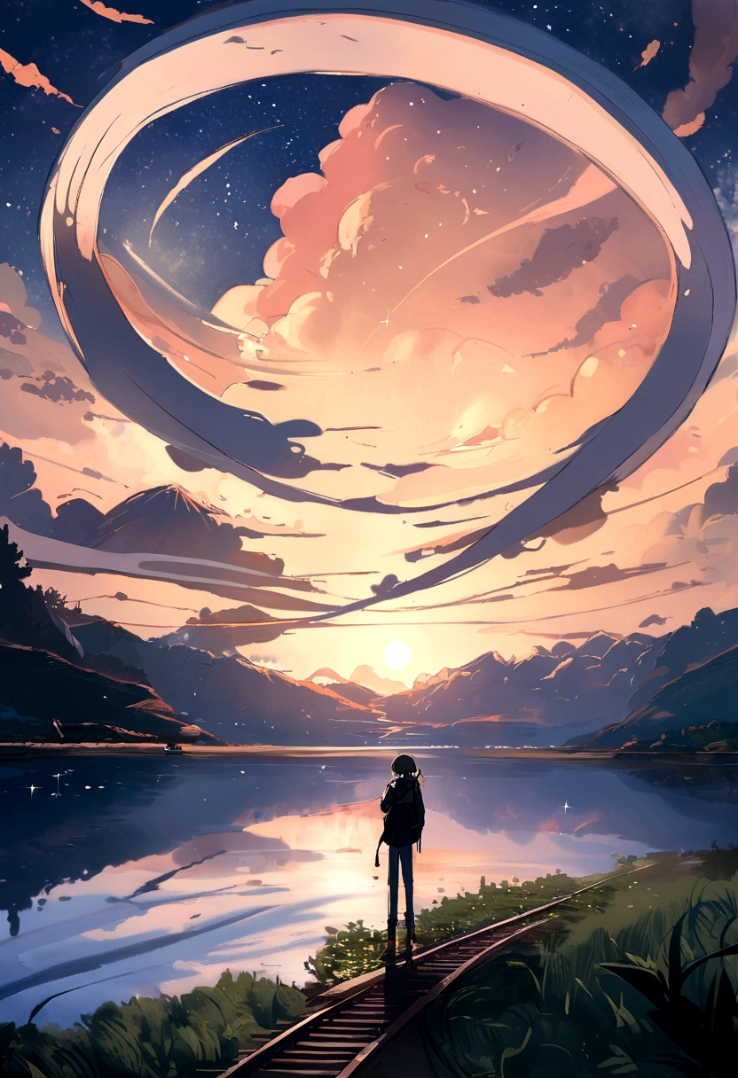 High quality masterpiece, landscape, cloud, Animated train passing over a body of water on distant tracks, Bright starry sky. Traveler, Romantic Light, Pixiv, Concept Art, Lofi Art Style, reflection. Makoto Shinkai, Roffie Art, Beautiful anime scene, アニメのlandscape, 詳細なlandscape — 幅 672, Makoto Shinkai's Style, Makoto Shinkai's Style, Enhanced Details.