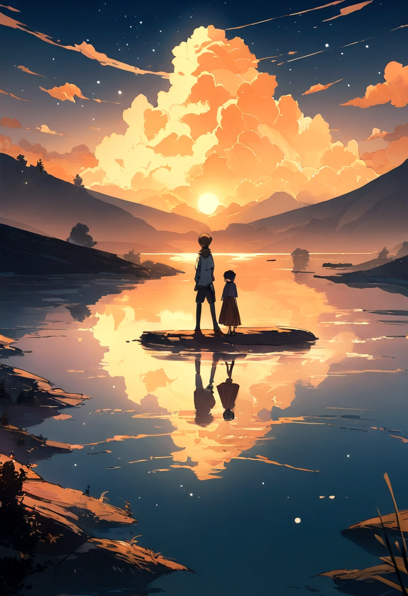High quality masterpiece, landscape, cloud, Animated train passing over a body of water on distant tracks, Bright starry sky. Traveler, Romantic Light, Pixiv, Concept Art, Lofi Art Style, reflection. Makoto Shinkai, Roffie Art, Beautiful anime scene, アニメのlandscape, 詳細なlandscape — 幅 672, Makoto Shinkai&#39;s Style, Makoto Shinkai&#39;s Style, Enhanced Details.  