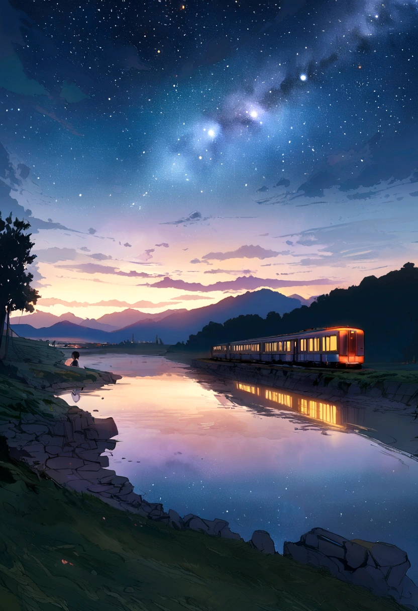 High quality masterpiece, landscape, cloud, Animated train passing over a body of water on distant tracks, Bright starry sky. Traveler, Romantic Light, Pixiv, Concept Art, Lofi Art Style, reflection. Makoto Shinkai, Roffie Art, Beautiful anime scene, アニメのlandscape, 詳細なlandscape — 幅 672, Makoto Shinkai's Style, Makoto Shinkai's Style, Enhanced Details.