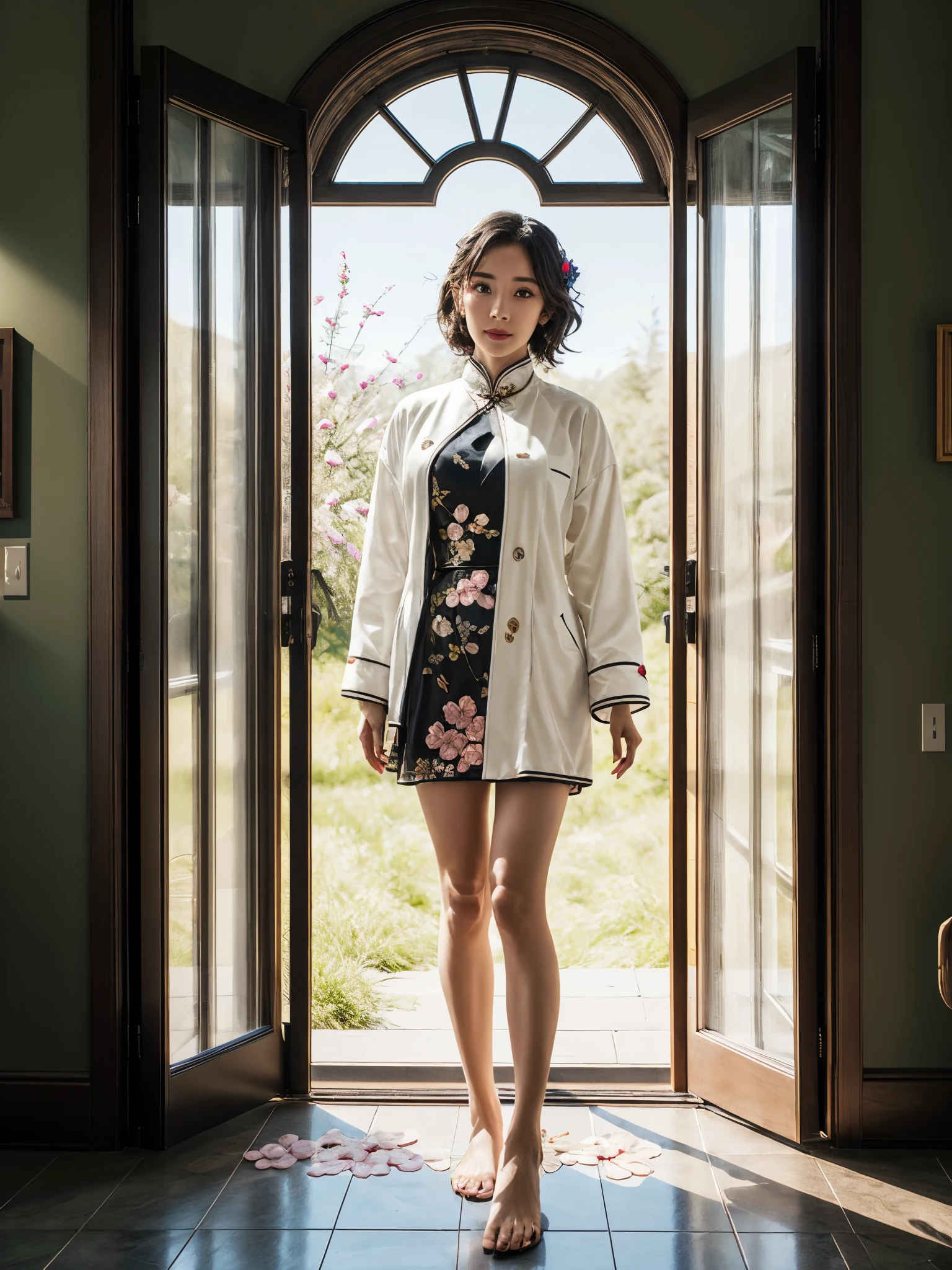 1girl, detailed face, looking at viewer, head tilt, robe jacket, tucked inner cheongsam, formal skirt, (flower embellishment:1.2), modern comfy interior design, modern art geometric background, large clear glass door, green field, trees, gigantic breast, 