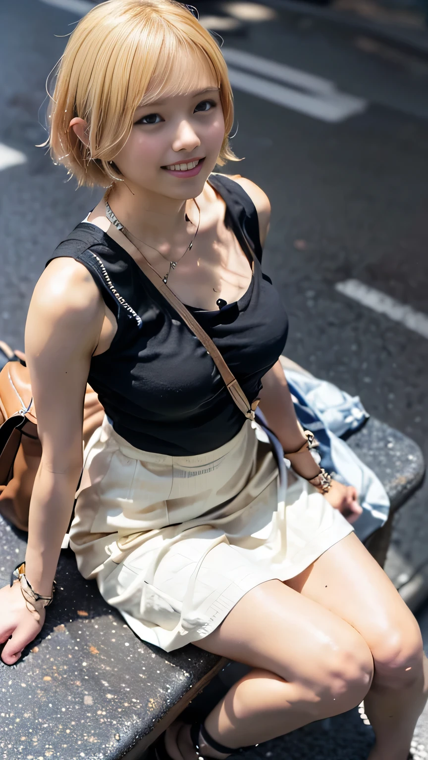 (((Tokyo Street:1.5))、woman sitting on a bench:1.3、The background is the street)、(Realistic、Like a photograph、Live Action、8k, Realistic, RAW Photos, Best image quality: 1.4), Single-lens reflex camera、RAW Photos, highest quality, Realistic, Very detailed CG Unity 8k wallpaper, Written boundary depth, Cinematic Light, Lens flare, Ray Tracing, Realistic background、(Paisura:1.3,Bag strap between chest、(A one-piece dress that fits the body、A dress that shows off your body lines、Long skirt、White flared skirt:1.2)、Large Breasts))、((Ultra-Dense Skin))、 1 female,cute japanese gal、((whole body:1.5),look up:1.1、smile、(short hair、Blonde:1.3)、I like that style、stylish、Very detailed、Pay attention to the details、Perfect outfit、(White skin)、Beautiful legs:1.1,Anatomically correct body、Accurate Fingers、Sitting、View from above