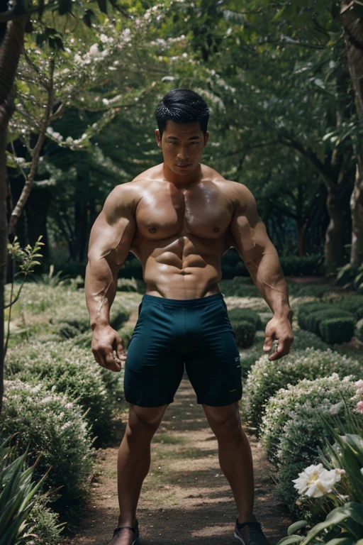 a muscular Asian man aged 25, ((in a wonderland)),