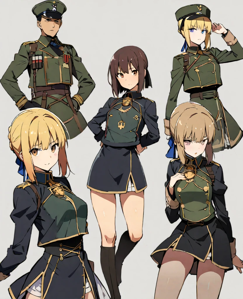 (((masterpiece, highest quality:1.5,absurdres))),20 year old Japanese beauty,solo,((very small head)),long hair,bangs,dark brown hair,brown eyes,shy,smile,medium breasts,((very long body)),((toned body:1.2,slender body)),skinny,gleaming skin,shiny skin,((Army Infantry Black Uniform、saber、Tight mini skirt)),army base、Taisho period、taisho steampunk、Takeda Hiromitsu style,