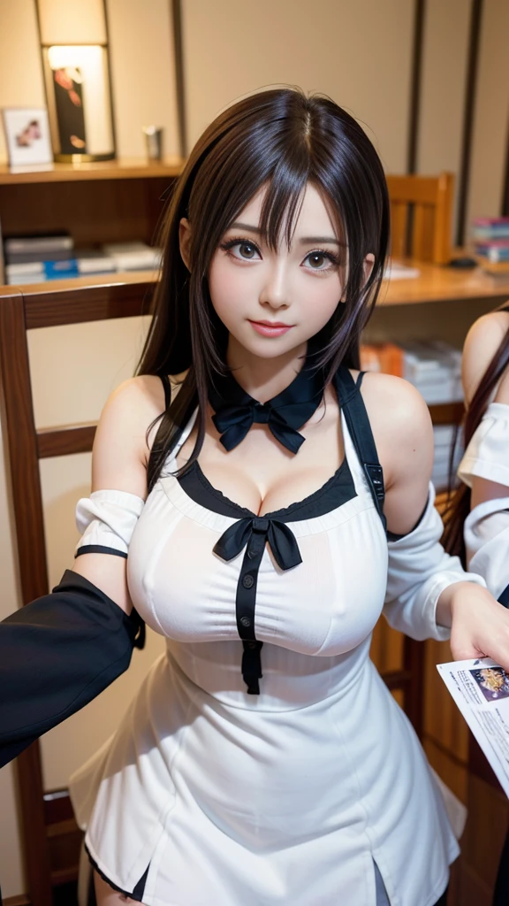 Close-up: Two busty college girls are playing together in anime cosplay at a cosplay event. Moist eyes