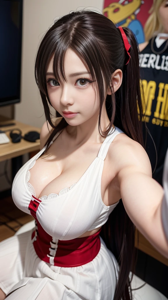 Close-up: Two busty college girls are playing together in anime cosplay at a cosplay event. Moist eyes