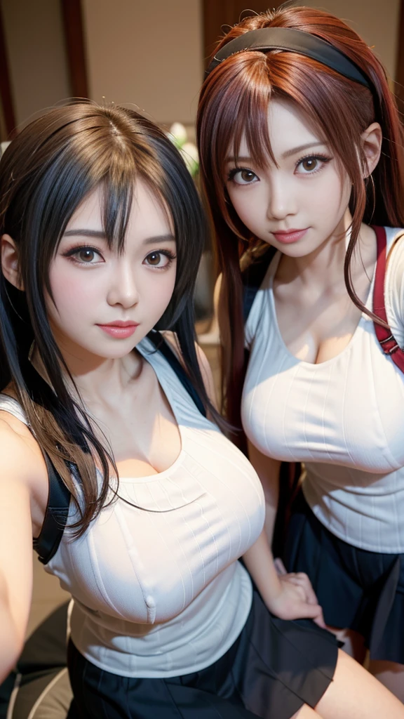 Close-up: Two busty college girls are playing together in anime cosplay at a cosplay event. Moist eyes 