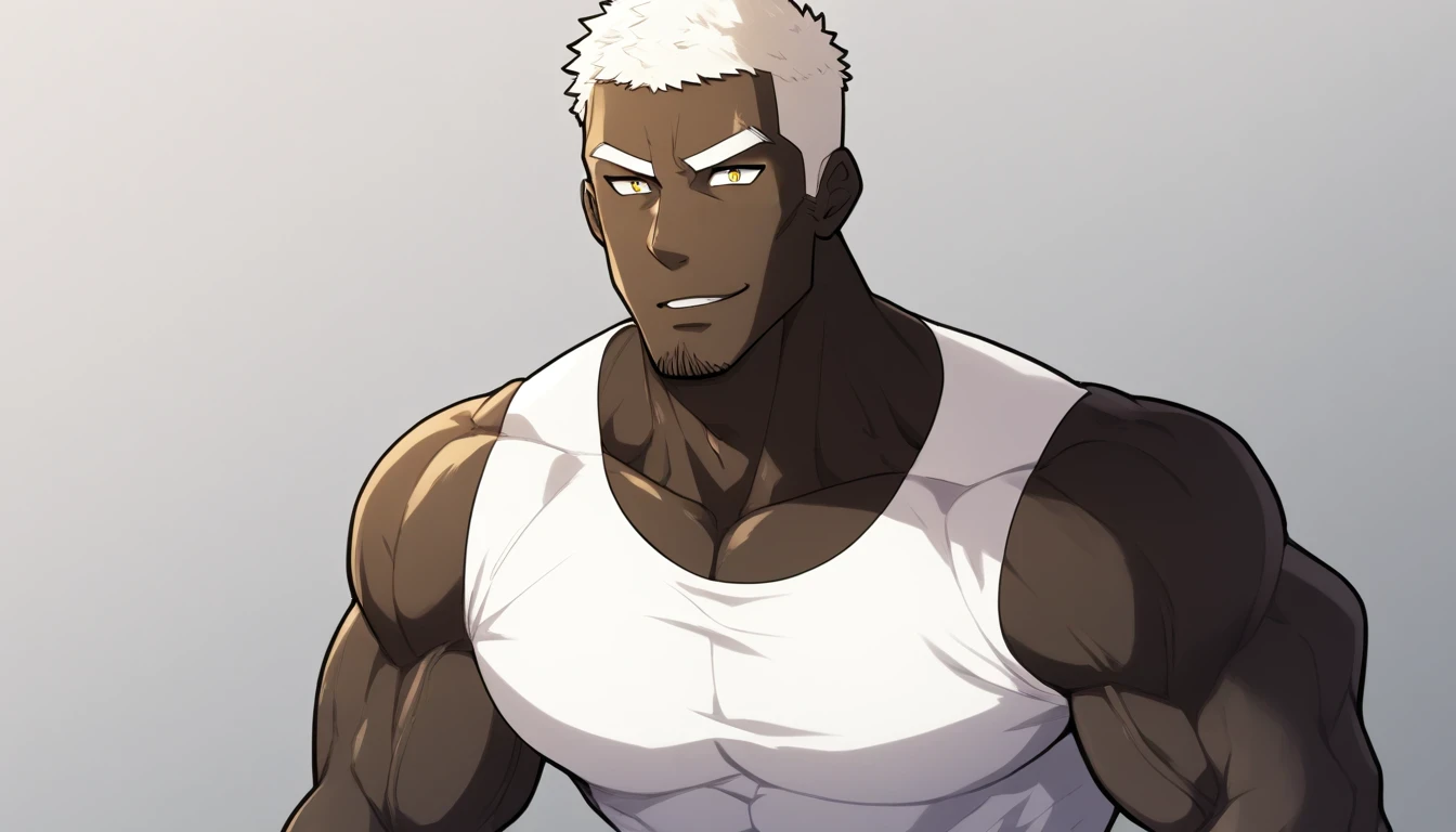 negro，negro，negro，anime characters：Gyee, Fitness coach, negro black skin, 1 muscular tough guy, Manliness, male focus, Cream White Sleeveless Tight T-Shirt, Very tight, The pectoral muscles are oversized, Slightly transparent, muscular male, muscular, only, Upper body, alone, White short hair, Thick eyebrows, stubble, Yellow eyes, Grey background, simple background, amazing quality, best aesthetics, Ridiculous, bright pupils, crew cut, parted lips, seductive smile, torogao, naughty face, drop shadow, best quality