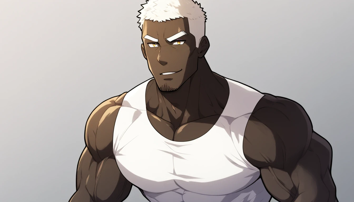 negro,negro,negro,anime characters:Gyee, Fitness coach, negro black skin, 1 muscular tough guy, Manliness, male focus, Cream White Sleeveless Tight T-Shirt, Very tight, The pectoral muscles are oversized, Slightly transparent, muscular male, muscular, only, Upper body, alone, White short hair, Thick eyebrows, stubble, Yellow eyes, Grey background, simple background, amazing quality, best aesthetics, Ridiculous, bright pupils, crew cut, parted lips, seductive smile, torogao, naughty face, drop shadow, best quality