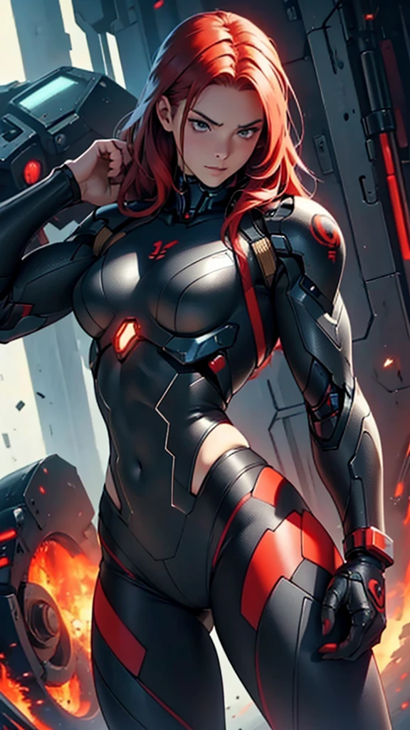 Beautiful cybernetic girl detailed muscles realistic masterpieces full figure pose (best quality,ultra-detailed), red hair, fair skin, fit body, slim figure, narrow waist, large buttocks, (cocky expression), wearing a full black cybernetic mobile battle suit