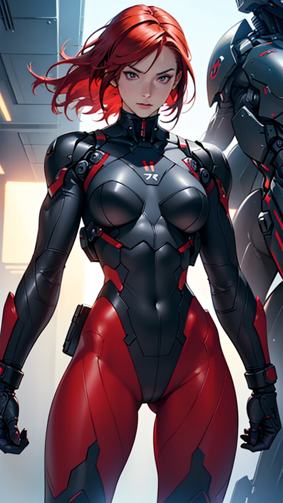 Beautiful cybernetic girl detailed muscles realistic masterpieces full figure pose (best quality,ultra-detailed), red hair, fair skin, fit body, slim figure, narrow waist, large buttocks, (cocky expression), wearing a full black cybernetic mobile battle suit