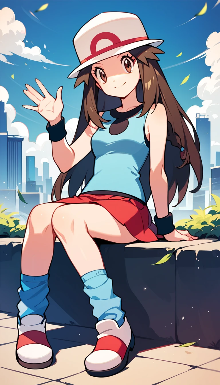 score_9, score_8_up, score_7_up, score_6_up, best quality, source_anime, cel shading, flat color, vector, detailed background, blue background, city, BREAK 1girl, solo, leaf_(\pokemon\), brown hair, long hair, brown eyes,One Braid, touching braid,
white hat, blue sleeveless shirt, red skirt, blue socks, white shoes, wristbands, sitting, looking at viewer, waving, smile, 