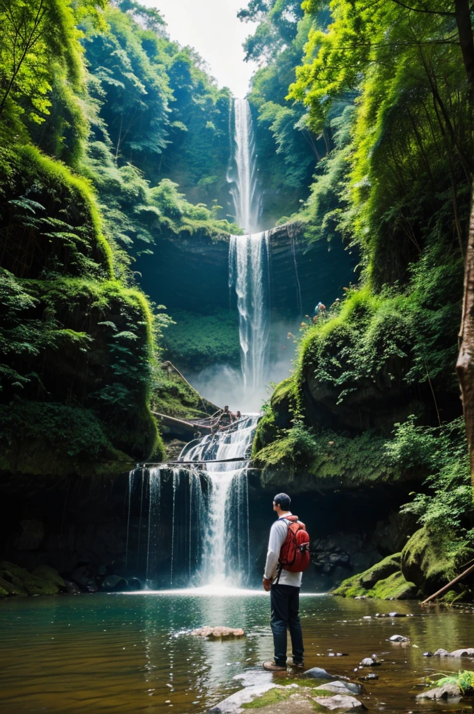 The man travel to forest in the jeap sudden stop there waterfall
