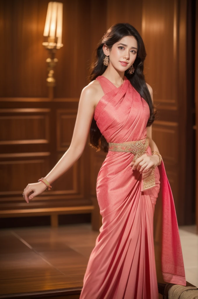 (photorealistic:1.4),(raw photo:1.2),official art,(extremely detailed CG:1.2), (masterpiece:1.2), (best quality:1.2),looking at viewer,(cowboy shot)
,(1girl),(long hair),standing,(thai tradition dress:1.05),pink dress,dynamic pose,(tradition shawl:0.95)
,