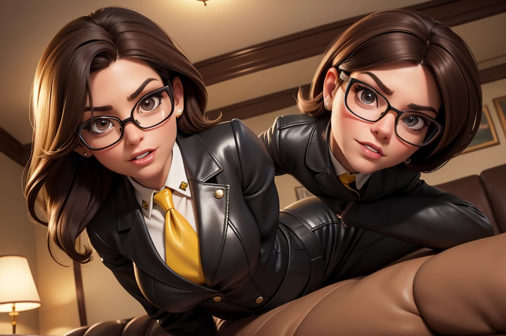 obra prima, melhor qualidade, (lauren boebert 70yo) snarl expression, open mouth, eyes closed, black medium length hair, black plastic glasses, pilot outfit, business blouse, necktie, (shiny bright green leather,) studs zippers, shiny leather gloves, body is skinny, laying back against couch cushion, arched back, grabbing cupping, overhead camera view, looking down at me, shallow depth of field, highres, HD, 8k, anatomically correct