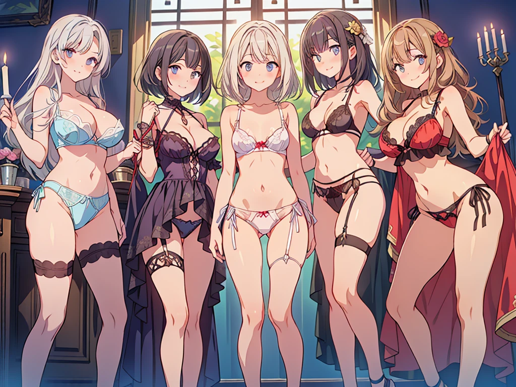 ((((Multiple characters from the harem were depicted with smiles))))、Medieval fantasy world、Masterpiece illustrations with the highest image quality and ultra-high resolution、5 beautiful women、((Fine grain))、Troubled face、blush、Seduce, Umbilical cord prolapse、lace trim bra, Thighs, Cleavage, Side tie panties,(Special twine panties:1.3),garter belt、stockings、((Angle from the rear))