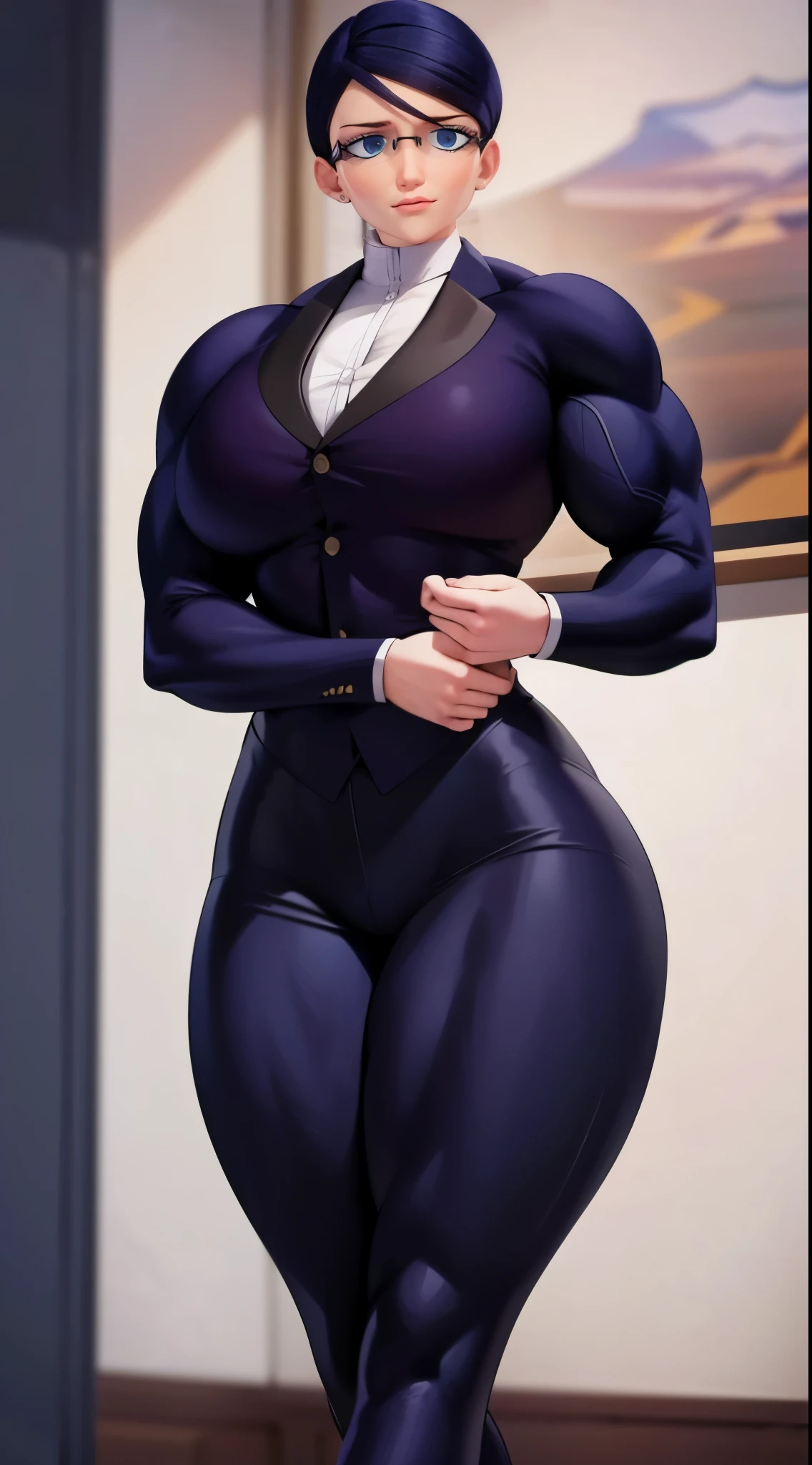 a muscular female bodybuilder in office suit, detailed face, beautiful detailed eyes, beautiful detailed lips, extremely detailed face and muscles, long eyelashes, strong muscles bulging through suit, dynamic pose, professional studio lighting, hyperrealistic, 8k, high quality, photorealistic, physically-based rendering, concept art, dramatic color palette