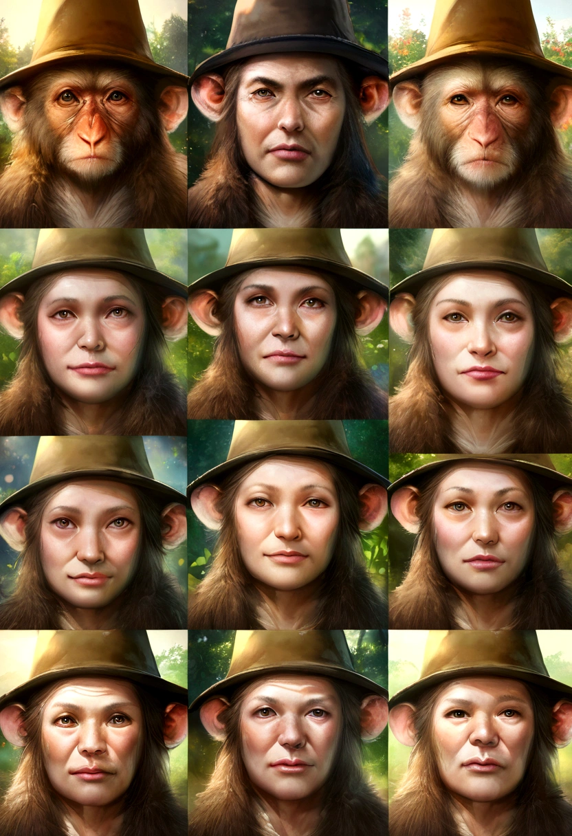 highest quality, High resolution, Super detailed, Realistic, Monkey in a hat, Anthropomorphic monkey, Detailed faces and expressions, Cute monkey with human features, Realistic textures, The specifics of fur and hats, Vibrant colors, Whimsical art style, Outdoor installation, Natural light