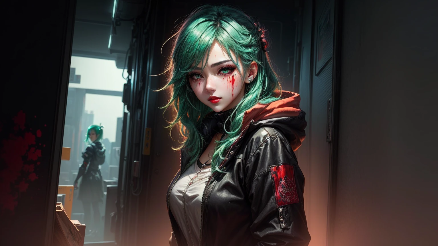 anime girl with green hair and grey eyes in a dark room, artwork in the style of guweiz, guweiz, anime style 4 k, digital cyberpunk anime art, guweiz masterpiece, guweiz on artstation pixiv, guweiz on pixiv artstation, anime art wallpaper 8 k, anime art wallpaper 4 k ,red lips, Black eyeshadow around the eyelid, There were blood stains at the corners of the mouth