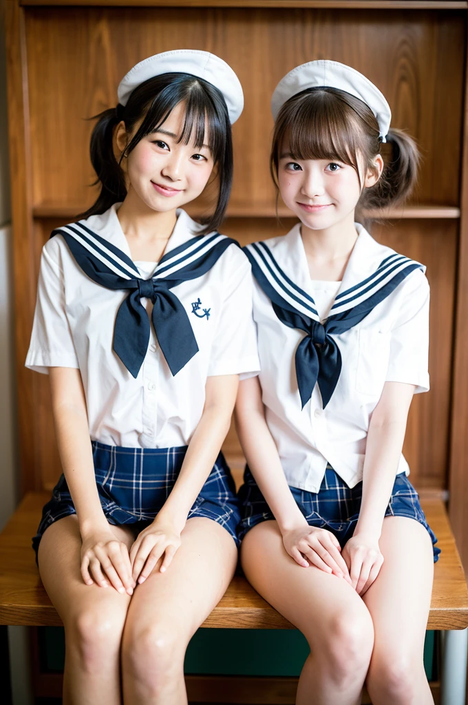 2 girls on desk in wooden school classroom,white shirt with sailor collar,white speedo briefs,pink plaid bow tie,18-year-old,bangs,a little smile,thighs,knees,wet short hair with low pigtails,from before,front light