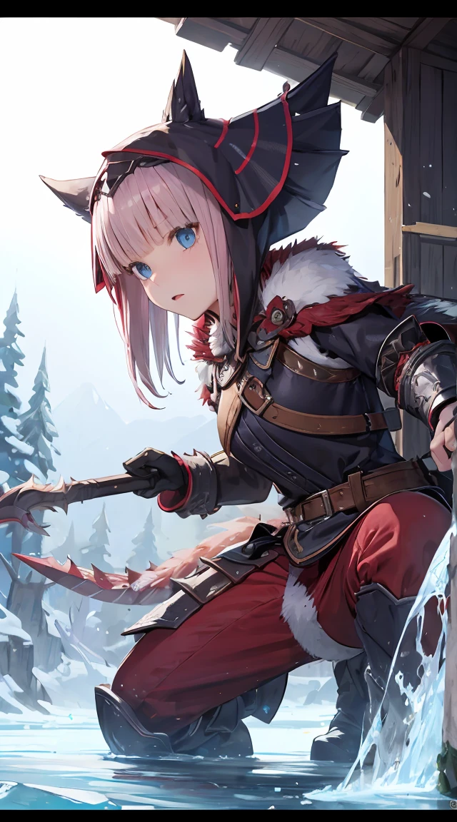 Nino Nakano, armadura abrigada de monster hunter,lago de hielo noche