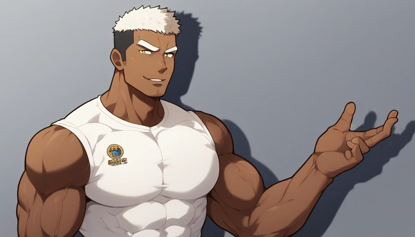 negro，negro，negro，anime characters：Gyee, Fitness coach, negro black skin, 1 muscular tough guy, Manliness, male focus, Cream White Sleeveless Tight T-Shirt, Very tight, The pectoral muscles are oversized, Slightly transparent, muscular male, muscular, only, Upper body, alone, White short hair, Thick eyebrows, stubble, Yellow eyes, Grey background, simple background, amazing quality, best aesthetics, Ridiculous, bright pupils, crew cut, parted lips, seductive smile, torogao, naughty face, drop shadow, best quality