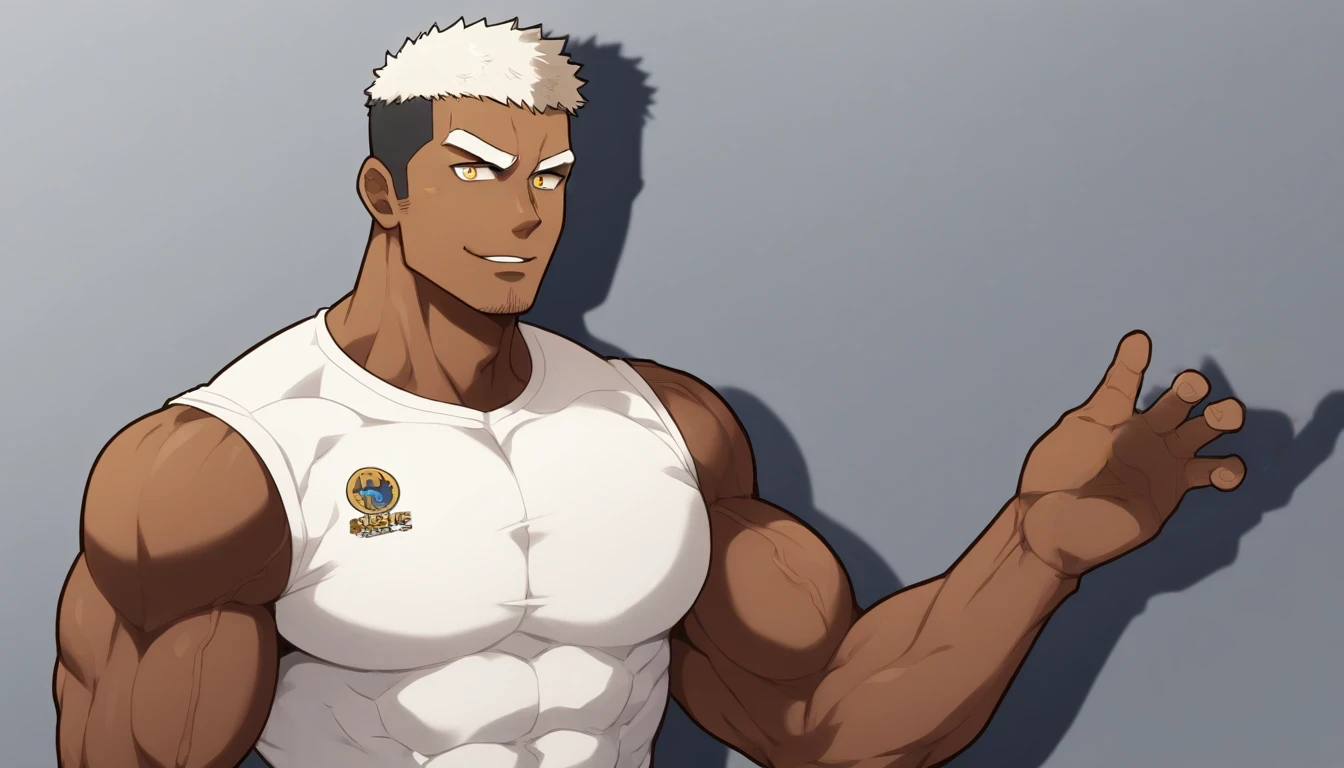 ?????，?????，?????，anime characters：Gyee, Fitness coach, ????? black skin, 1 muscular tough guy, Manliness, male focus, Cream White Sleeveless Tight T-Shirt, Very tight, The pectoral muscles are oversized, Slightly transparent, muscular male, muscular, only, Upper body, alone, White short hair, Thick eyebrows, stubble, Yellow eyes, Grey background, simple background, amazing quality, best aesthetics, Ridiculous, bright pupils, crew cut, parted lips, seductive smile, torogao, naughty face, drop shadow, best quality