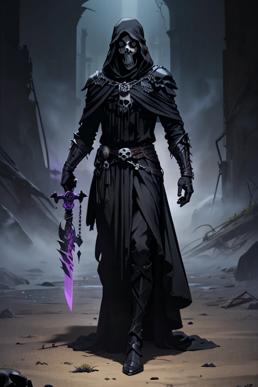 (full body:1.4).skeleton with purple lights in eye sockets.(realistic illustration:1.3),((dark fantasy:1.4)).((male:1.4)) ((black skull face:1.4)), ((Hooded)) (shadow) ((wraith)) in ((heavy obsidian armor)), tall, imposing, (glowing violet eyes:1.2), (cross pendant:1.3). brandishing black ((great sword)) in purple flames. masterpiece