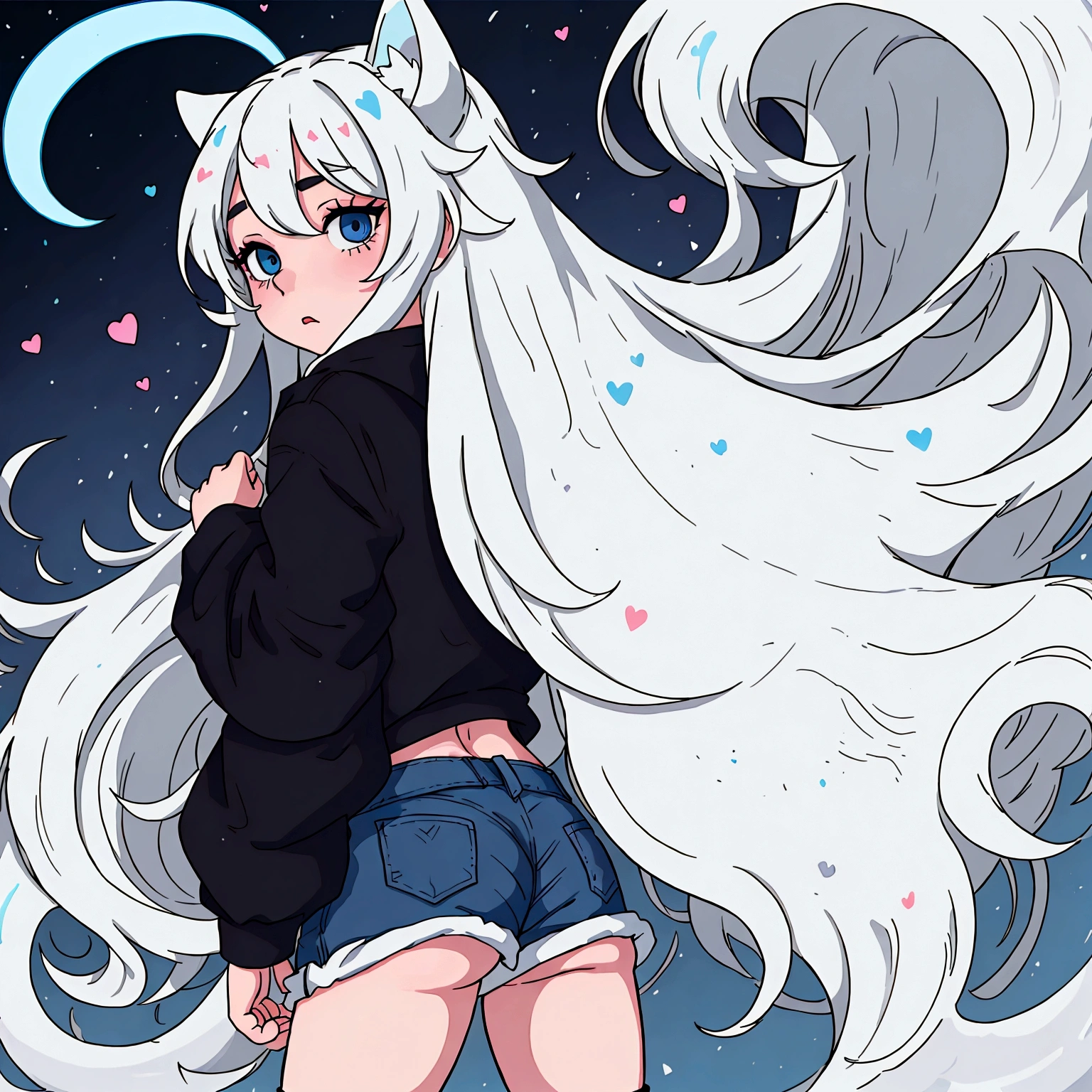 a cute adult male with wolf ears, long white hair, long locks, has a wolf tail, wearing a loose cropped oversized black hoodie, wearing a pair of denim short shorts and fishnet stockings, thick thighs, wide hips, relaxing on mound of fluffy multi colored kawaii plushies, short, very slim, showing slender tummy, heart on hoodie, squishy thighs, has glowing blue eyes. alone, solo (ALONE)(SOLO), surrounded by rainbows, colorful galaxy backround, turned around, shot from the back, big juicy butt, has a wedgie, in a breeding pose