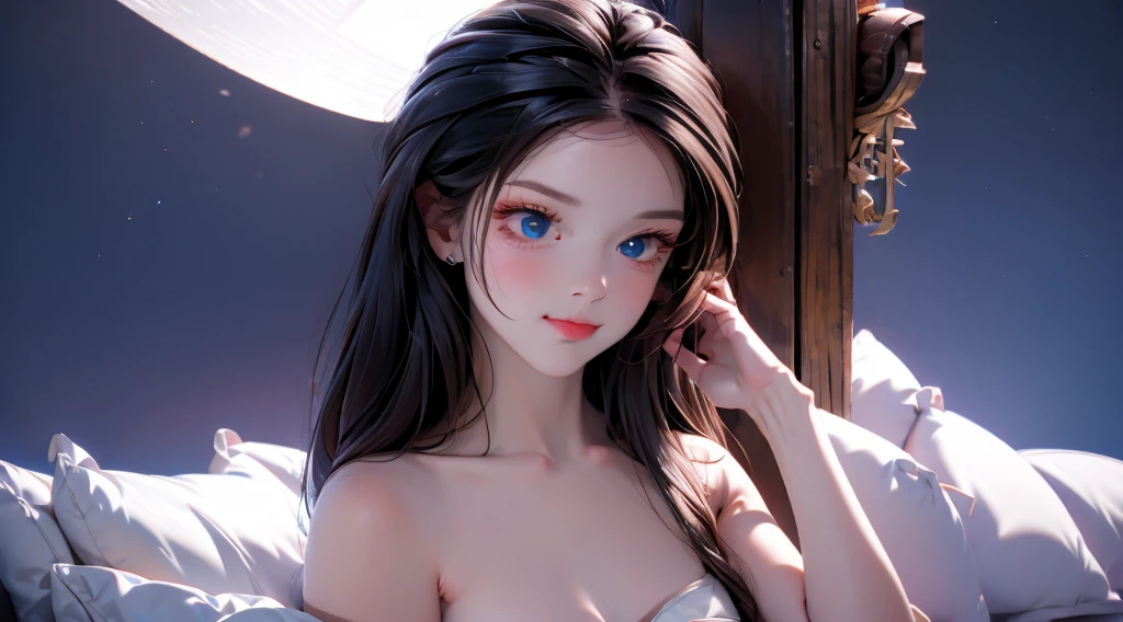 1 girl, medium light black hair, light blue eyes, wearing nude show outfit black , night city, 18+ , high res, ultrasharp, 8K, masterpiece, Looking from the front 18+