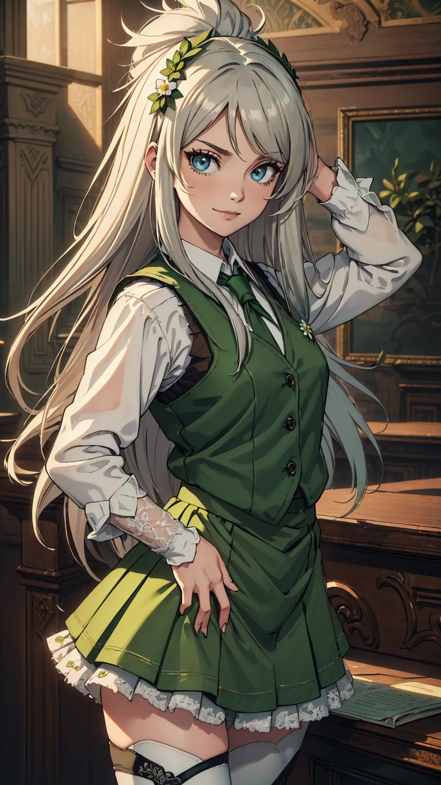 最high quality、Ultra High Definition, Ultra High Quality, Hyper Definition, Hyper Quality, Hyper Detailed, Extremely Detailed, Perfectly Detailed, Best image quality、masterpiece、woman((20-year-old、Hand on Hip Pose, Green glowing eyes, Silver long Hair、Disheveled Hair、Long White Hair、Fingerless Glove、Green Skirt, Tights, Smirk、Flirt, Brown School Vest , Hair White Flower Barrette, Dressed in school)),high quality、Beautiful art、background((Inside the mansion))、Written boundary depth、movie、Visual Arts、Perfect art、8K,Genuine、