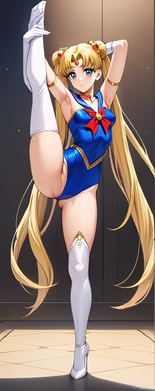 (masterpiece, best quality:1.2), Sailor Moon,1 girl, alone,blonde hair,long hair,jewelry,whole body,double tail,White gloves, 1girl, solo, standing_split