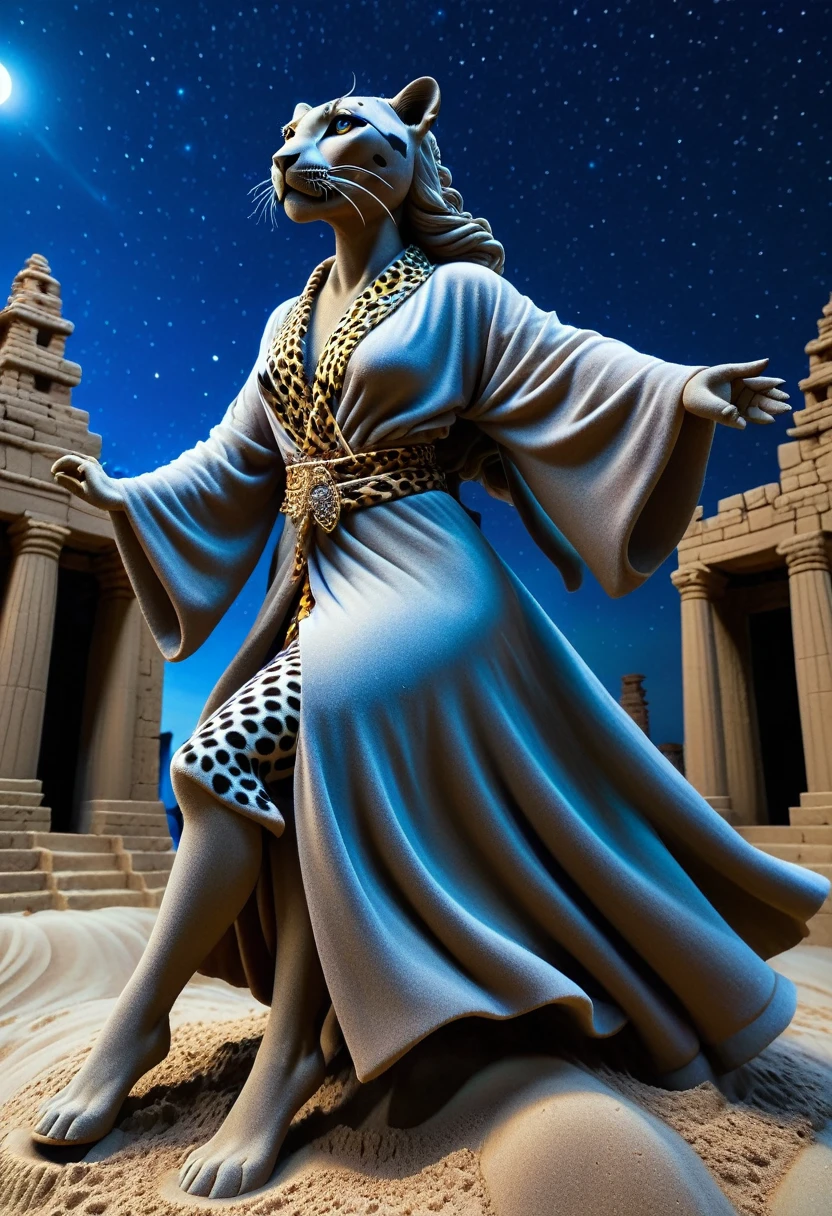 Sand sculpture style,  Ultra-clear details，Spectacular sights，A huge crystal leopard gallops towards，Beautiful girl riding on his back，Wearing a colorful robe，Gallant，Leopard eyes flash mysterious blue light，The background is set under the deep starry sky，Surrounded by ancient ruins，Moonlight pours down，The beauty has a calm and brave face。