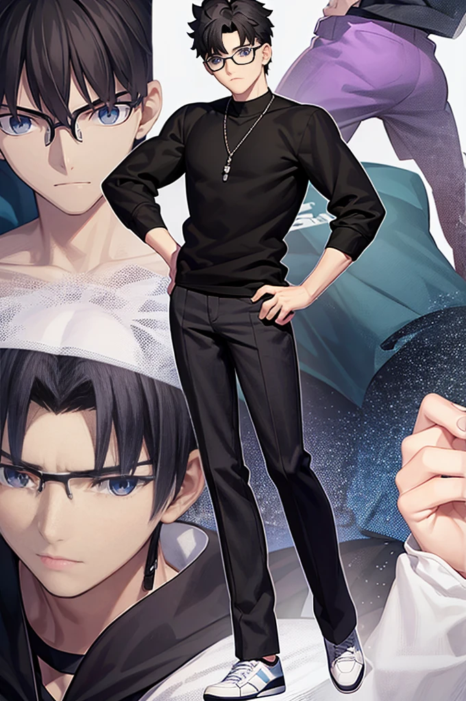 highest quality、masterpiece、Short black hair、One boy、Blue eyes、24-year-old college student、Black and purple glasses、Black and white haori、Black sweater、Brown trousers、sneakers、whole body、White background