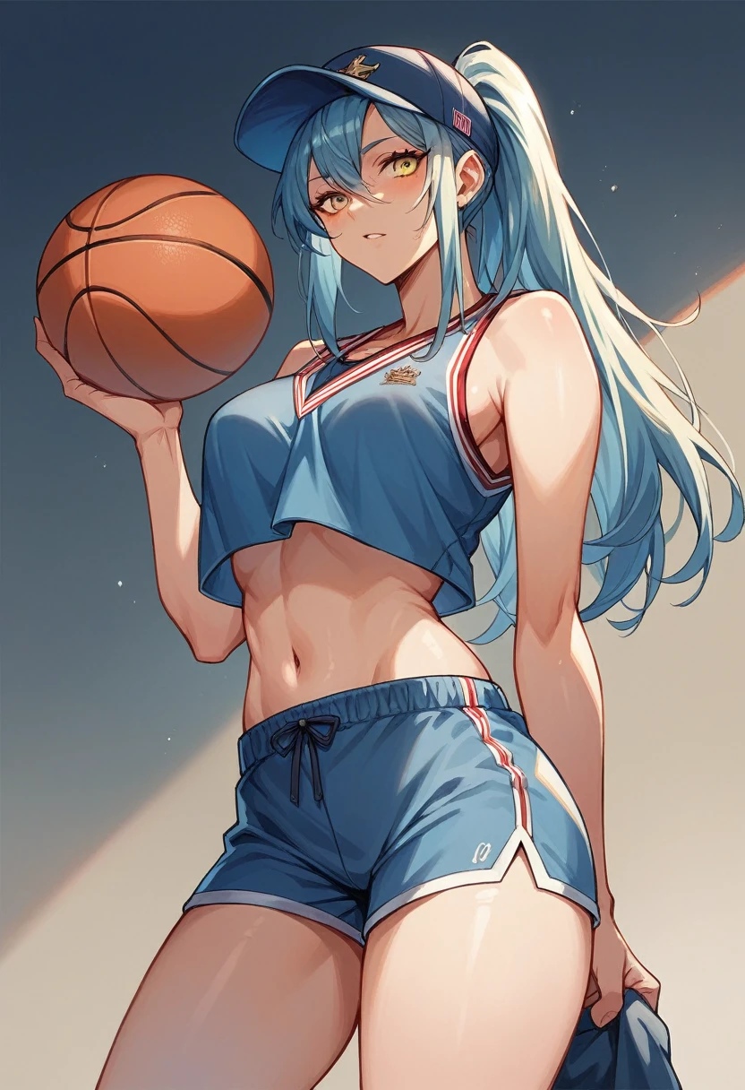 Create a sexy style women's uniform for a basketball team. Colors should be light blue, navy blue and yellow