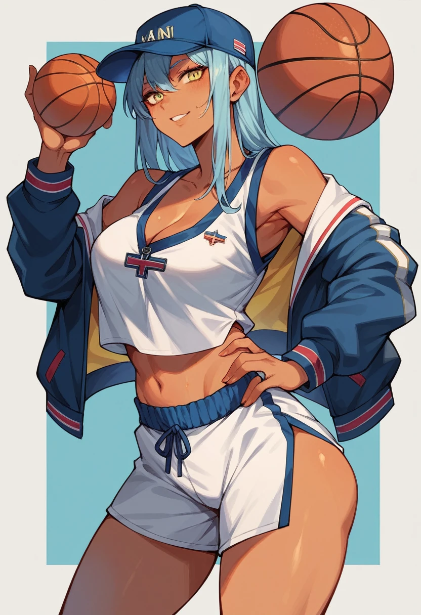 Create a sexy style women's uniform for a basketball team. Colors should be light blue, navy blue and yellow
