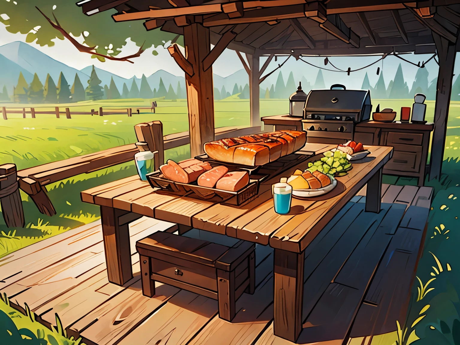 Rustic table with grill on top, Just a table, Just scenery, Just a rustic wooden table and grill,The meat should not be too big,There is food but it is mainly meat,tasty
