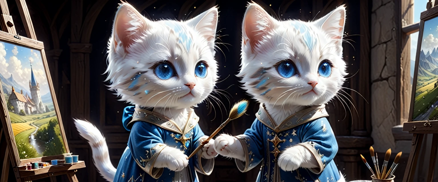 C4tt4stic, the setting is medieval Europe, the surroundings are a fantastic space surrounded by light particles, glittering and shining, wearing luxurious robes, illustration of a small and cute creature, anthropomorphized blue eyes, white fur kitten, standing, looking away, painter, holding a brush, painting on a canvas on an easel. The background is a summer rural landscape, fantasy art, exquisite details, Jean-Baptiste Monge style, Alan Lee style, movie scene, dramatic shot angle, atmospheric particles, real, raw cinematic photorealism, action portrait, 8k, detailed, full frame, highly detailed,