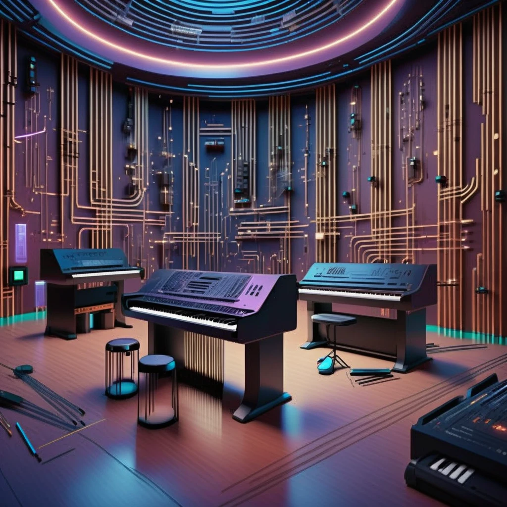 ((magazine photograph)) , Nanobot Symphony Hall, Tiny musicians playing chord-generated music, Harmony woven by quantum vibrations. ,  cg studio, Computer Graphics, Space Art , Cyberpunk Ambient, room