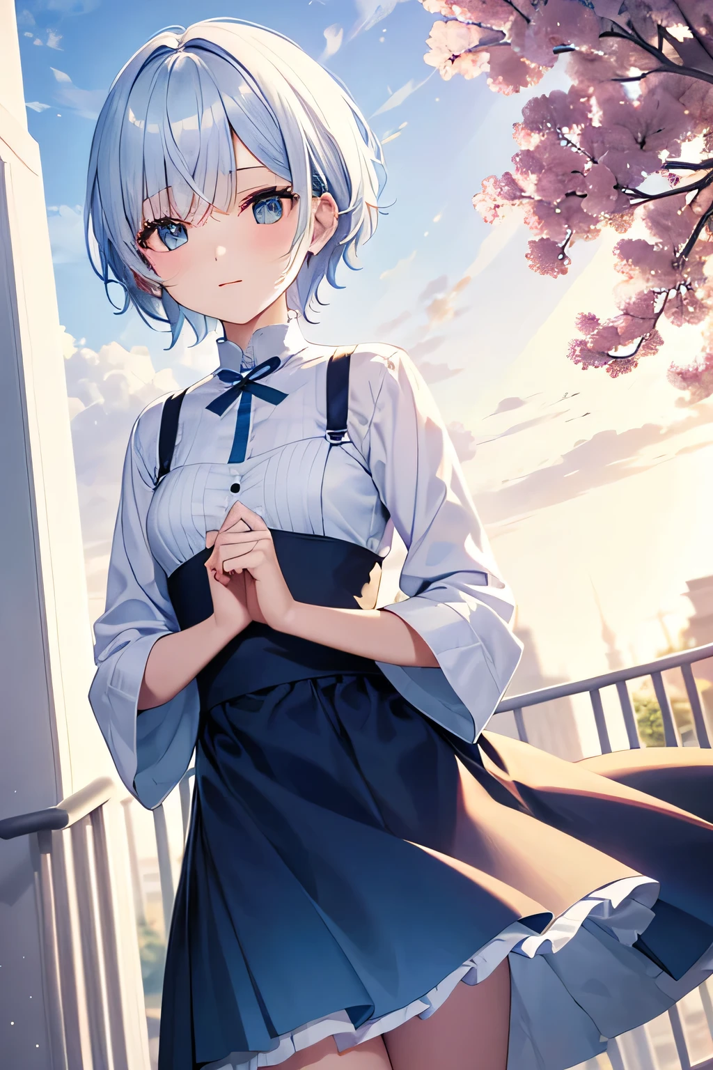 "Create a high-quality anime-style illustration of a cute girl with a bright smile. She has silver short hair with a hint of light blue at the nape and beautiful aqua blue eyes. Her outfit includes a  with a sweater and skirt. The background should be a school staircase."