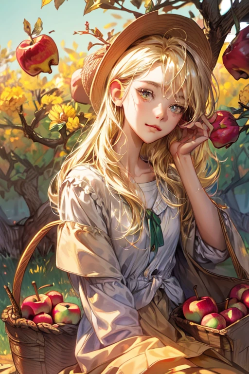 absurdity, a high resolution, ultra detailed, 1 Applejack girl, One, extremely detailed eyes, ((Autumn vibe)), Autumn, Apple trees, hair ornament,((blonde hair)), JEWELRY, I look at the viewer, ((Upper body)), ((sitting in the apple orchard)), ((I keep apples in a small basket )),(calm and reserved facial expression)), Tedious , yellow flower, bang, English text, cowboy shot