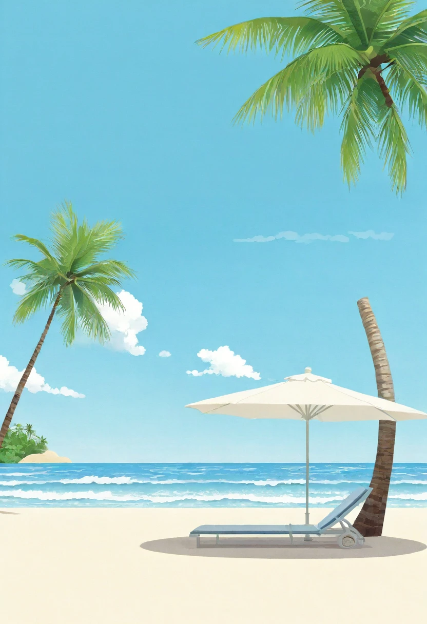 summer,seaside,Coconut tree on the left,There are waves,Illustration style,blue sky,White clouds,Frontal composition,Minimalist illustration;