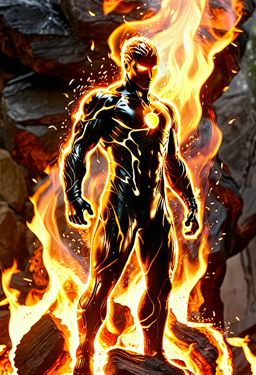 Human Torch engulfed in flames, Johnny Storm, cinematic photo, fire element, composed of fire elements hrglw, highly detailed, (fire element:1.1),composed of fire elements,(1man:1.3),burning,transparency,fire,(molten rock),flame skin,flame print, hair of fire (((a man wrapped in flames soaring flames radiating sparks))),the burning hand, (Masterpiece, high quality, best quality),(fire element:1.1),composed of fire elements,burning,(man:1.2),fire,molten rock,flame skin,flame print,fiery hair, skin glowing like charcoal, no clothes, (full body shot 1.2)