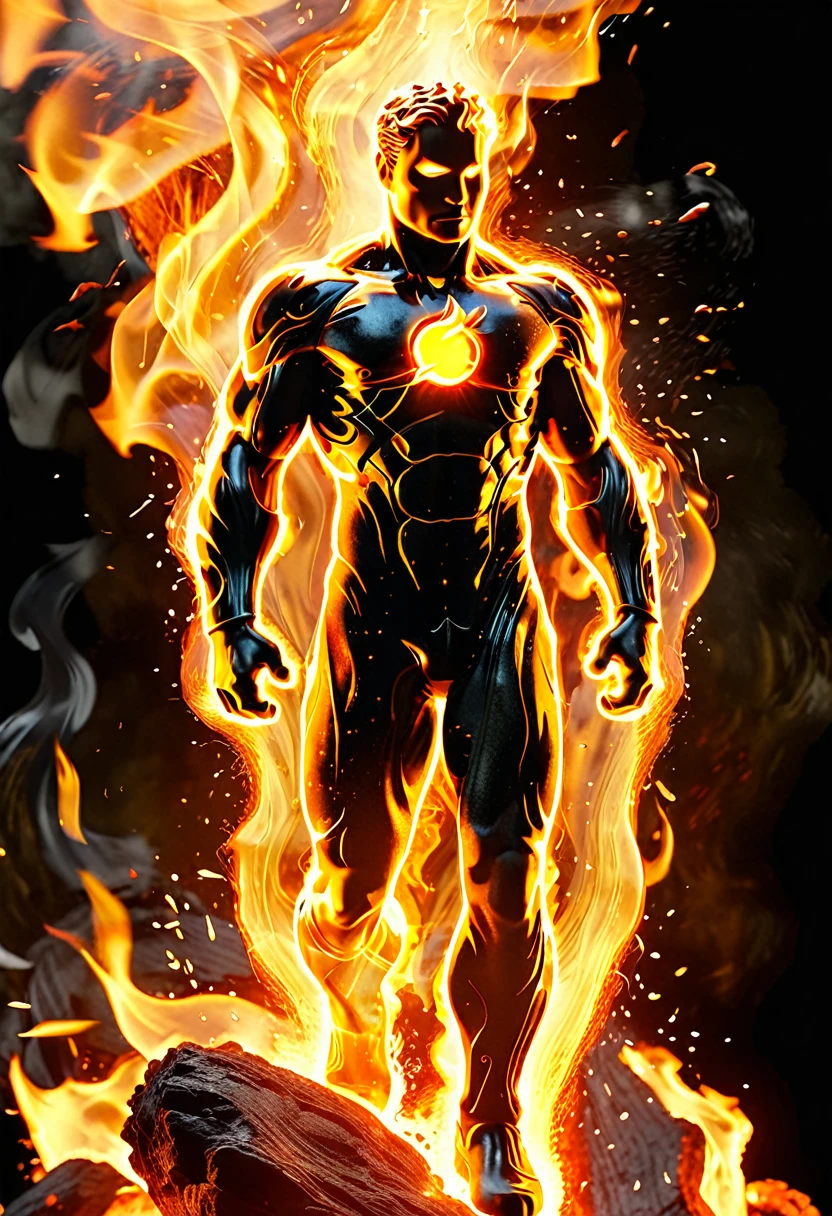 Human Torch engulfed in flames, Johnny Storm, cinematic photo, fire element, composed of fire elements hrglw, highly detailed, (fire element:1.1),composed of fire elements,(1man:1.3),burning,transparency,fire,(molten rock),flame skin,flame print, hair of fire (((a man wrapped in flames soaring flames radiating sparks))),the burning hand, (Masterpiece, high quality, best quality),(fire element:1.1),composed of fire elements,burning,(man:1.2),fire,molten rock,flame skin,flame print,fiery hair, skin glowing like charcoal, no clothes, (full body shot 1.2)