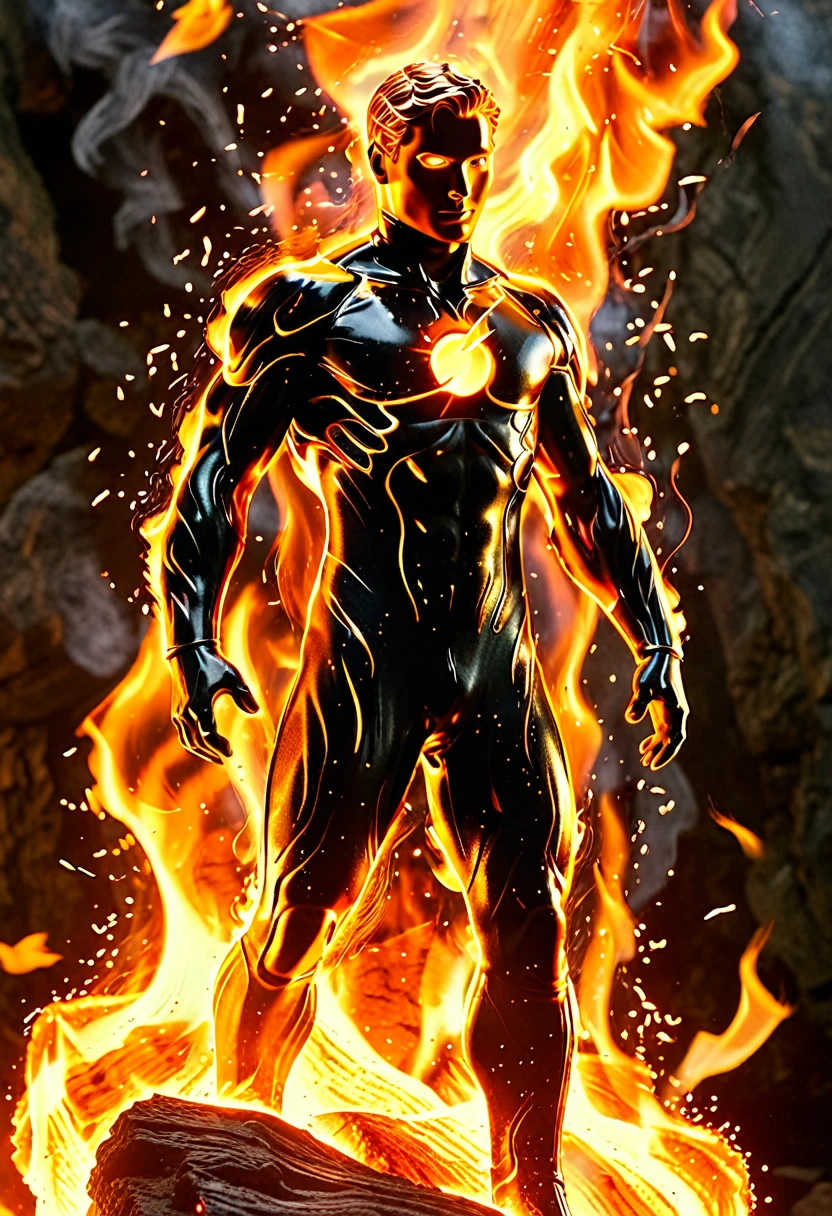 Human Torch engulfed in flames, Johnny Storm, cinematic photo, fire element, composed of fire elements hrglw, highly detailed, (fire element:1.1),composed of fire elements,(1man:1.3),burning,transparency,fire,(molten rock),flame skin,flame print, hair of fire (((a man wrapped in flames soaring flames radiating sparks))),the burning hand, (Masterpiece, high quality, best quality),(fire element:1.1),composed of fire elements,burning,(man:1.2),fire,molten rock,flame skin,flame print,fiery hair, skin glowing like charcoal, no clothes, (full body shot 1.2)