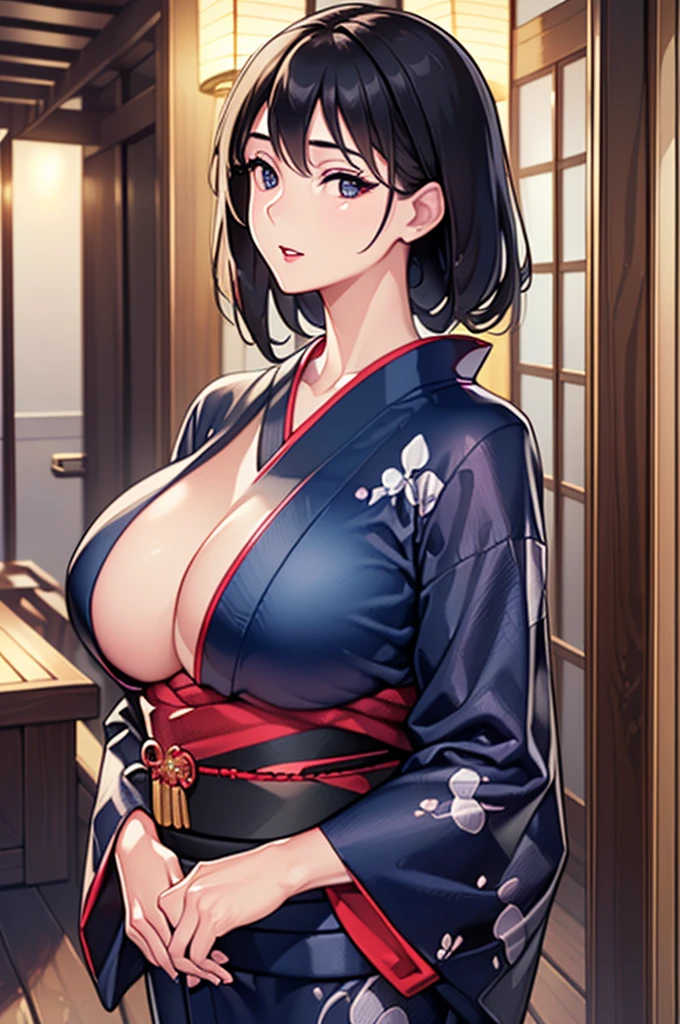 (((Mature Woman))), (((a mature woman))), ((widow)), ((Mother)), (((Middle-aged women))),((Tie up your black hair)), ((Black Kimono)), ((nude:1.4)), ((Lipstick)), ((Huge breasts:1.3)),Charming smile, ((In the Japanese-style room)),Looking at the audience, 
rest (Masseter muscle tablets:1.2), best quality, high resolution, Unity 8k Wallpaper, (illustration:0.8), (Beautiful and delicate eyes:1.6), The face is rich in detail, Perfect lighting, Extremely detailed CG, (Perfect hands, Perfect anatomical structure),((Upper body portrait))