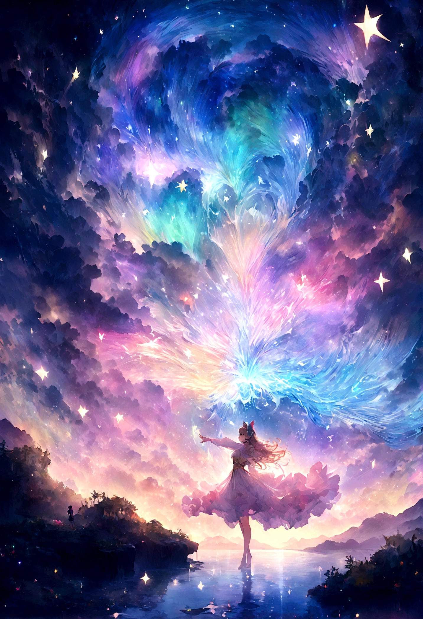 Girl casting a mysterious glowing spell, ((Fantasy rainbow ocean)), Vibrant colors, Ethereal Lights, Detailed speech bubbles, magical atmosphere, Stunning scenery, Dreamy atmosphere, sparkling, Flowing robe, a touch of magic, Ethereal creatures, ((Sparkling waves)), Mysterious symbols, Surreal beauty, Mist, There&#39;s magic in the air, Mesmerizing moments,Mysterious atmosphere, Whimsical Creatures, Full of charm, Fairy, Supernatural powers, Fantasy realm