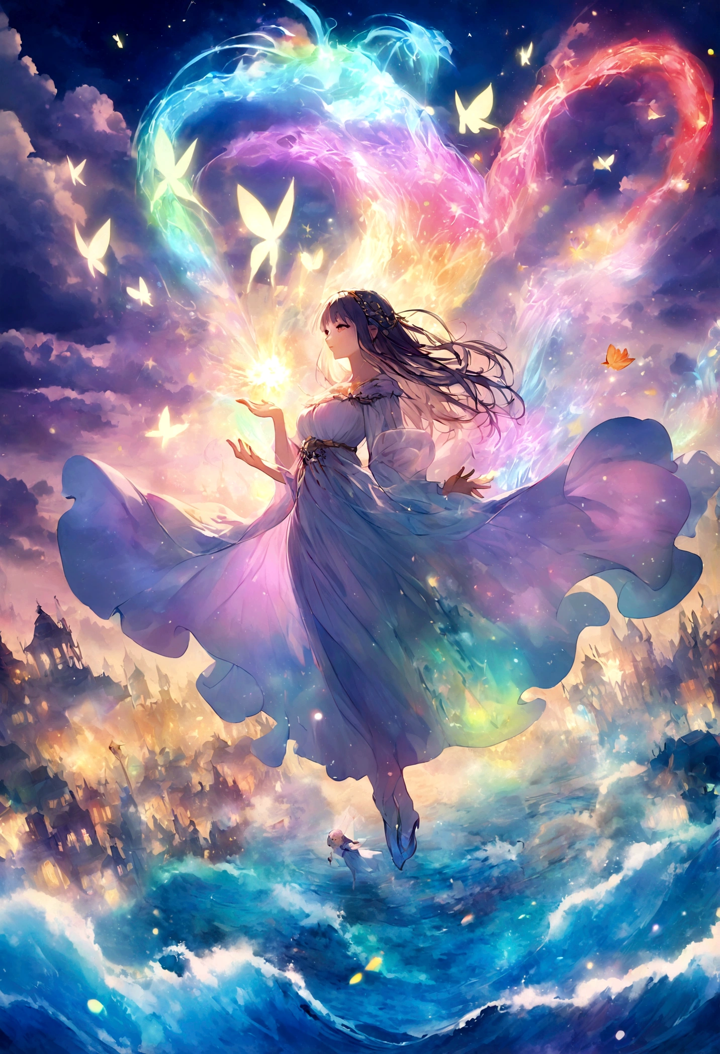 Girl casting a mysterious glowing spell, ((Fantasy rainbow ocean)), Vibrant colors, Ethereal Lights, Detailed speech bubbles, magical atmosphere, Stunning scenery, Dreamy atmosphere, sparkling, Flowing robe, a touch of magic, Ethereal creatures, ((Sparkling waves)), Mysterious symbols, Surreal beauty, Mist, There&#39;s magic in the air, Mesmerizing moments,Mysterious atmosphere, Whimsical Creatures, Full of charm, Fairy, Supernatural powers, Fantasy realm