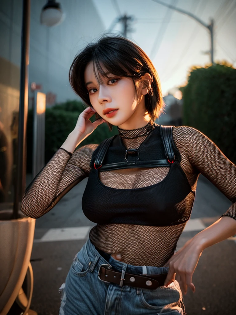 [Ahegao, Busty Asian woman wearing a black see-through mesh top and a black leather harness, arms up pose, bob hair, with her hands covering her breasts], [3D render, High quality, 8K resolution, Octane Render, Unreal Engine, Ray Tracing, Physically Based Rendering, Volumetric Lighting, Depth of Field, Bokeh, Bloom, Realistic Textures, Detailed Skin, SSS, HDRI Lighting], [Black and Red colors, Grungy alleyway background, Street lights]